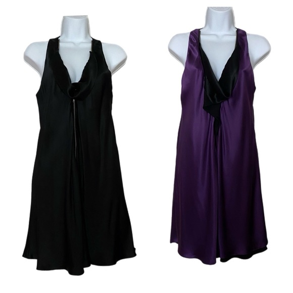 Guess Marciano 100% Silk Black/Purple Reversible Sleeveless Knee Length Dress S - Picture 1 of 11